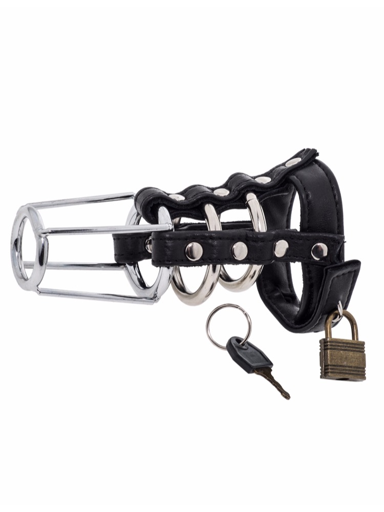 Metal Chastity Cage with Leather Strapping