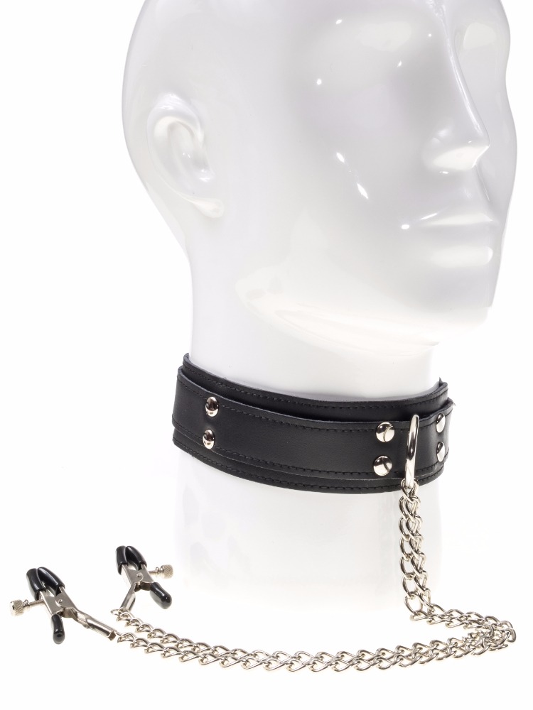 Leather Collar with Metal Nipple Clamps