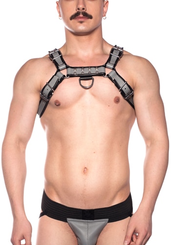 Men&apos;s Prowler Black and Grey Bull Leather Chest Harness M