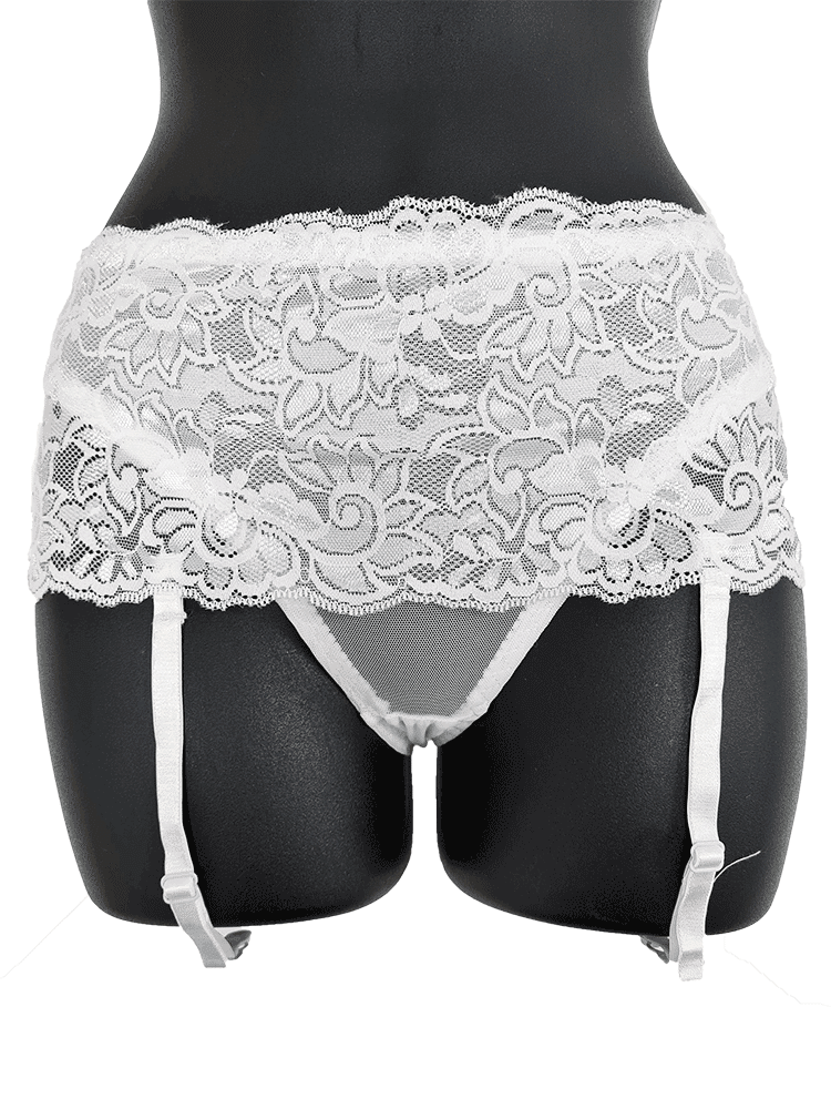 Floral Lace Suspender Belt Briefs – White M
