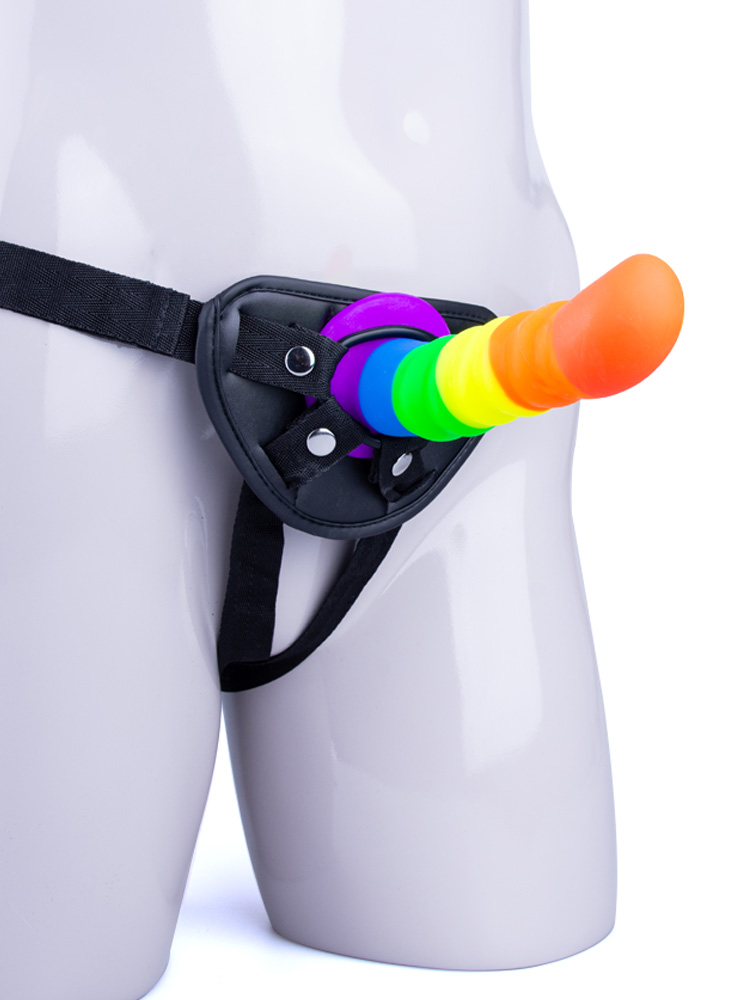 Black Strap-On Harness with Rainbow Silicone 7" Dildo