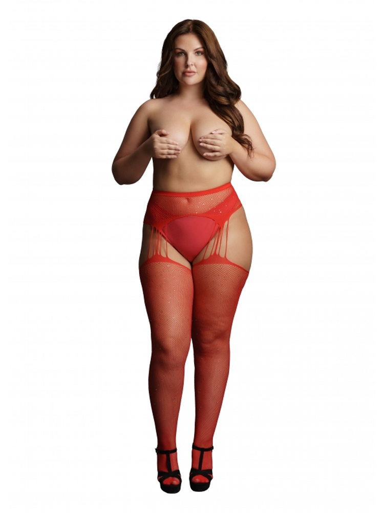 Red Rhinestone Suspender Stockings