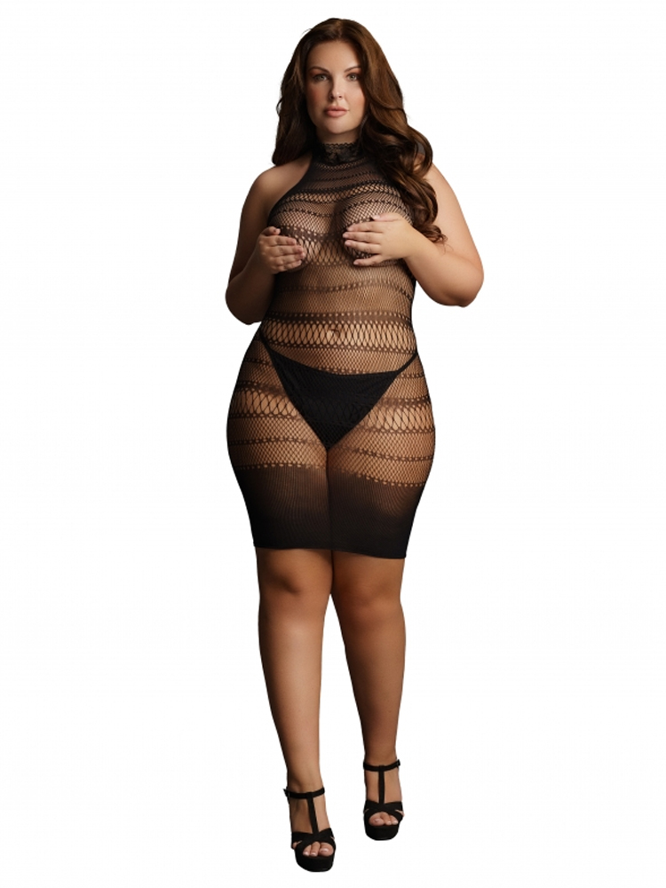 High Lace Neck Net Mini Dress