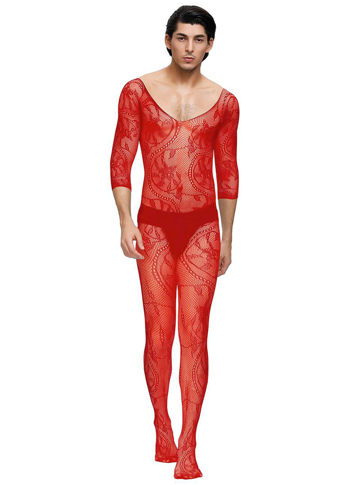 Mens Floral Lace Bodystocking – Red
