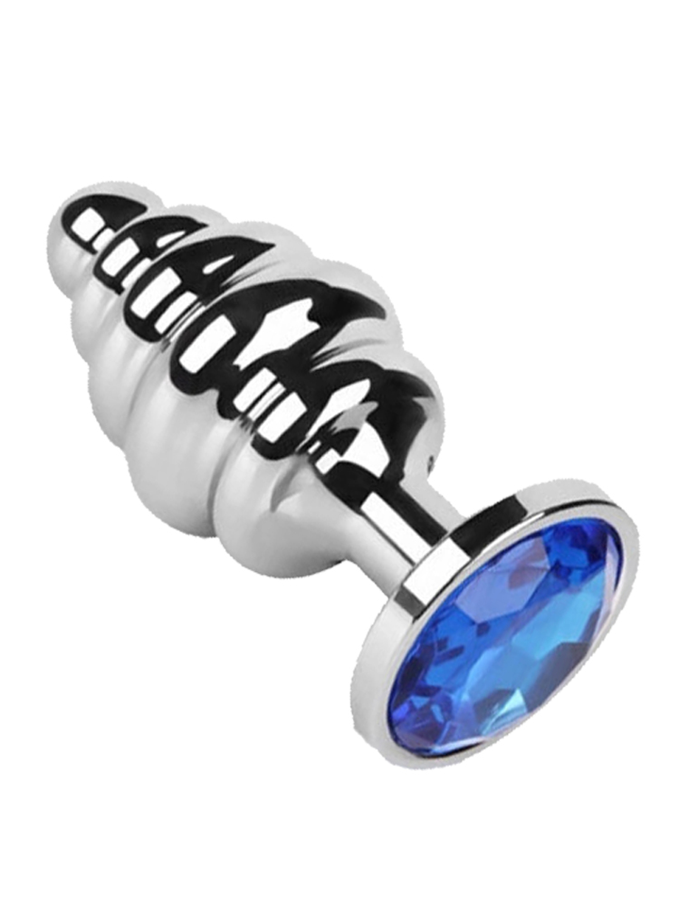 Large Metal Ribbed Butt Plug with Faux Jewel 4 Inch