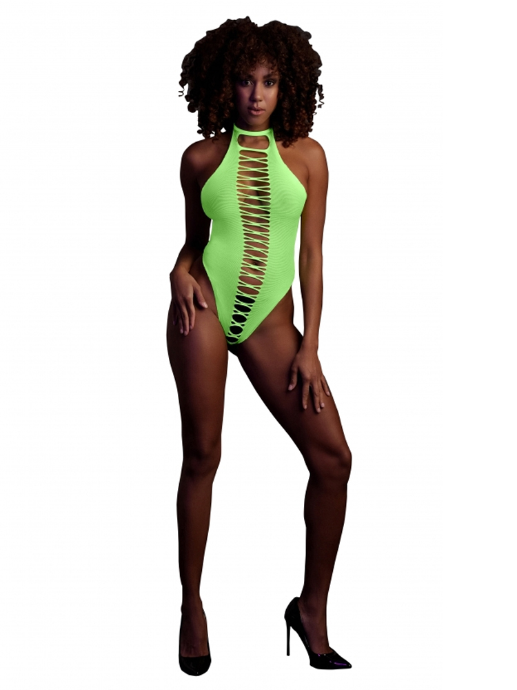 Glow In The Dark Neon Green Halter Neck High-Cut Body S-M