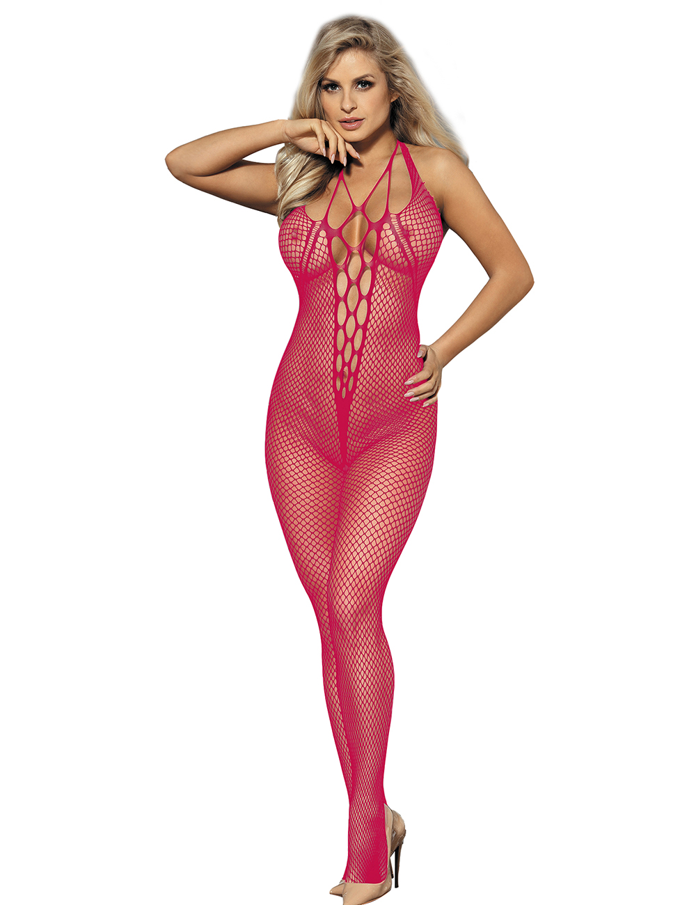 Pink Halter Neck Open-Back Netted Bodystocking