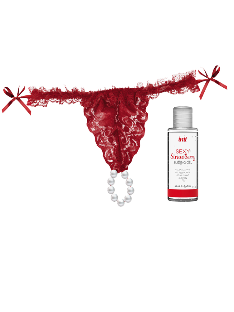 Red Brazilian Panty With Cockring Pearls &amp; Slide Gel Set